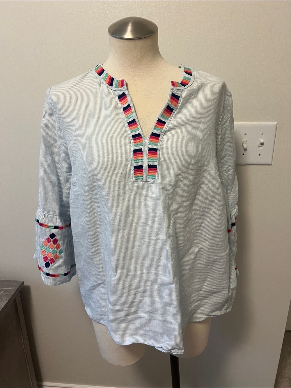 Foxcroft Light Blue Embroidered Tunic with Multicolor Trim